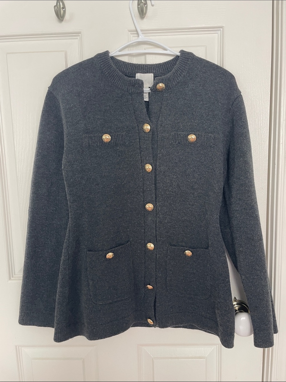H&M Charcoal Gray Knit Cardigan with Gold Buttons hourglass